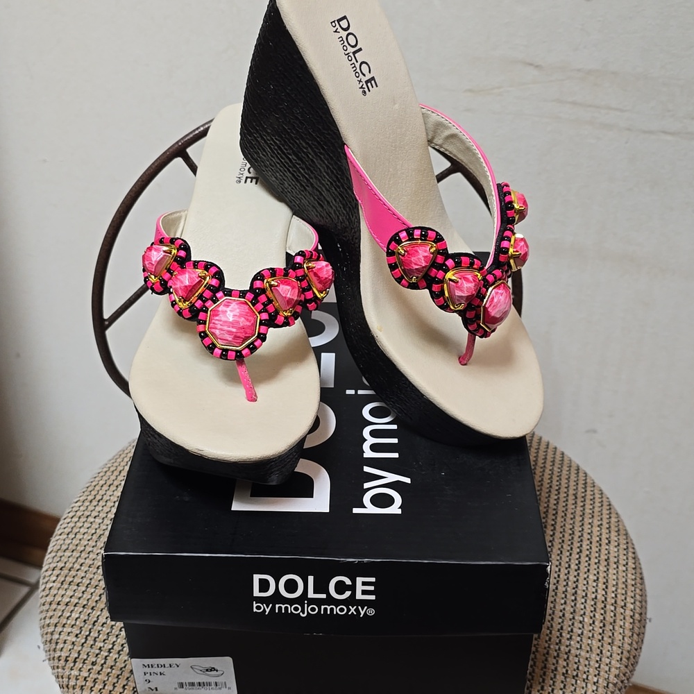 Dolce by Mojo Moxy Pink Jeweled Wedge Sandals